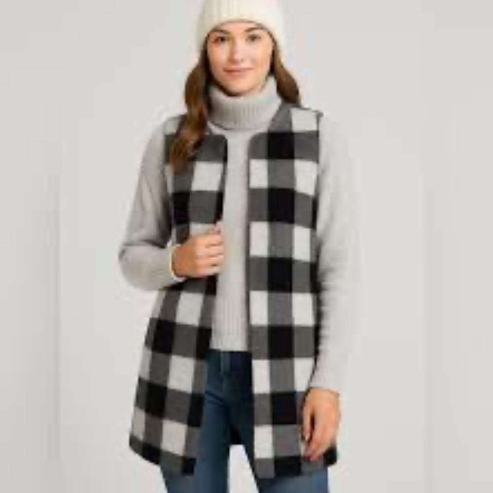Talbots Wool Blend Buffalo Plaid Long Vest in Black,  White and Gray